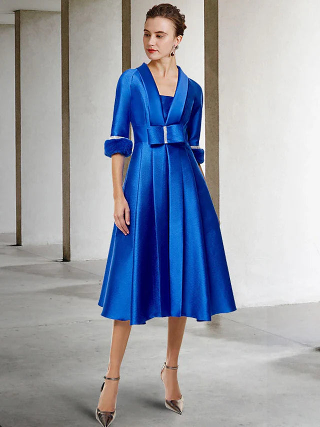 Wholesale Two Piece A-Line Mother of the Bride Dress Elegant Jewel Neck Tea Length Satin Half Sleeve Jacket Dresses with Bow(s) Pleats Crystals